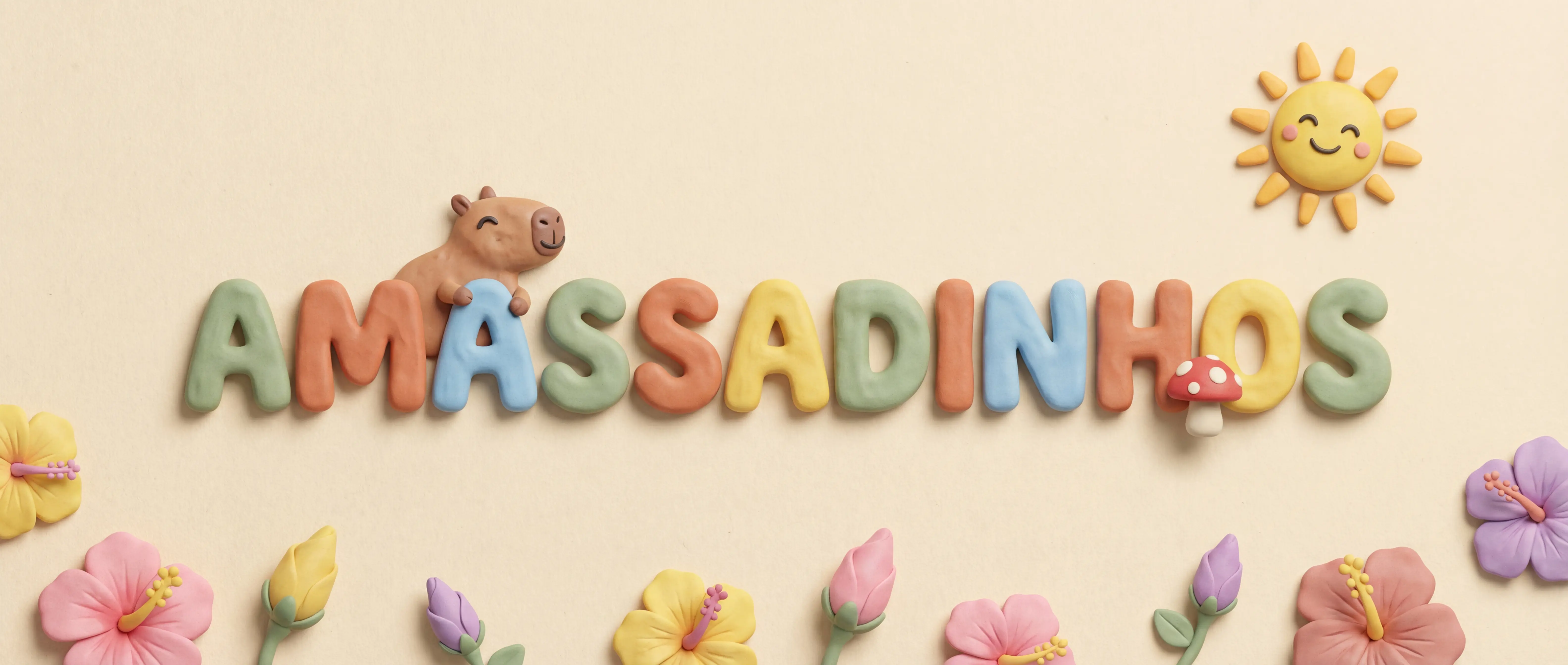 Amassadinhos — letras de massinha com capivara, sol e flores